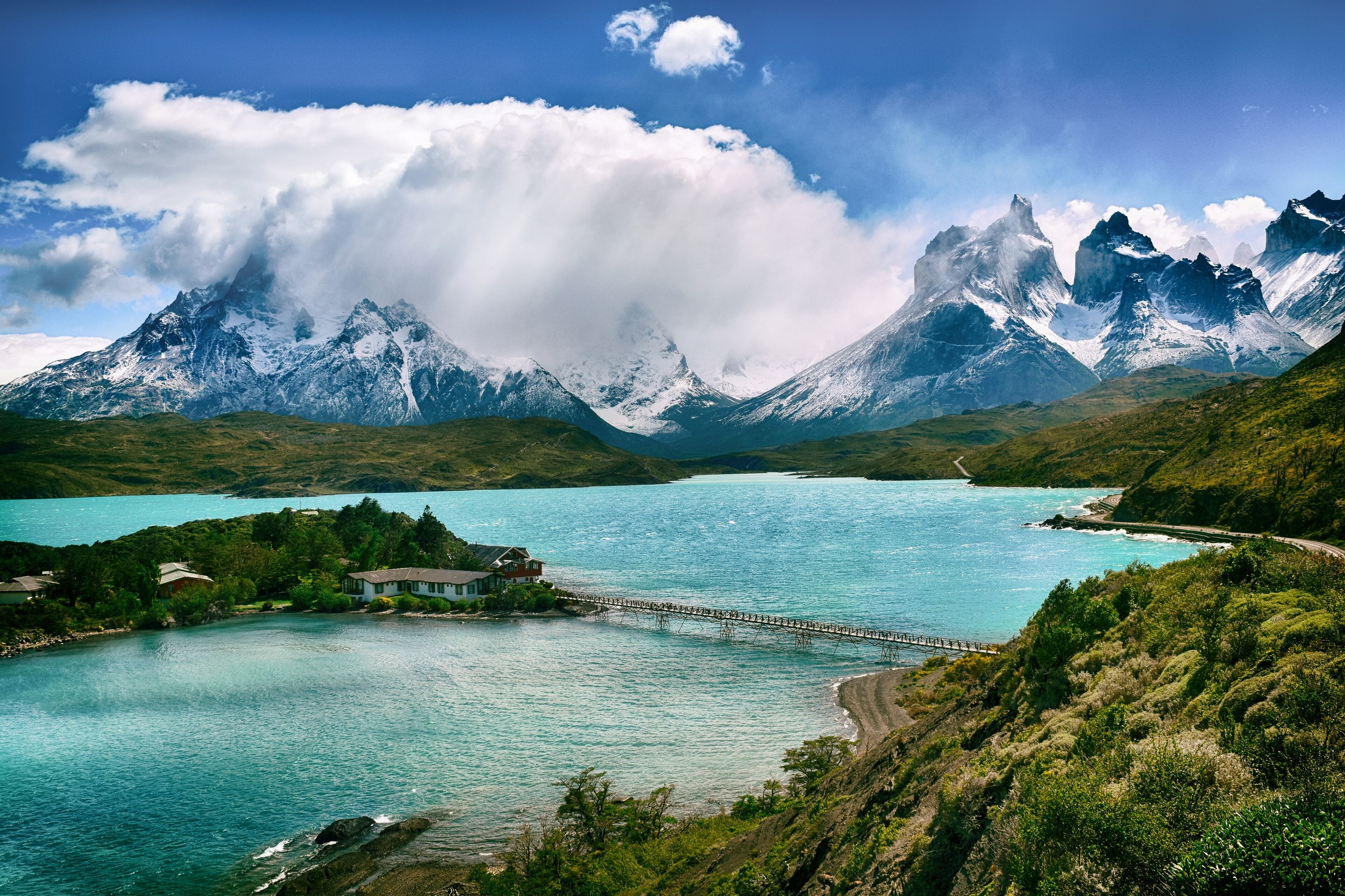 Turquoise water and mountain peaks in Torres del Paine National Park.
